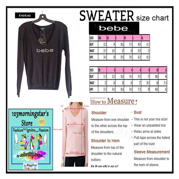 bebe NEW Glam Crystals Embellished V-Neck Rib Trim Pullover Sweater XS - Picture 12 of 12